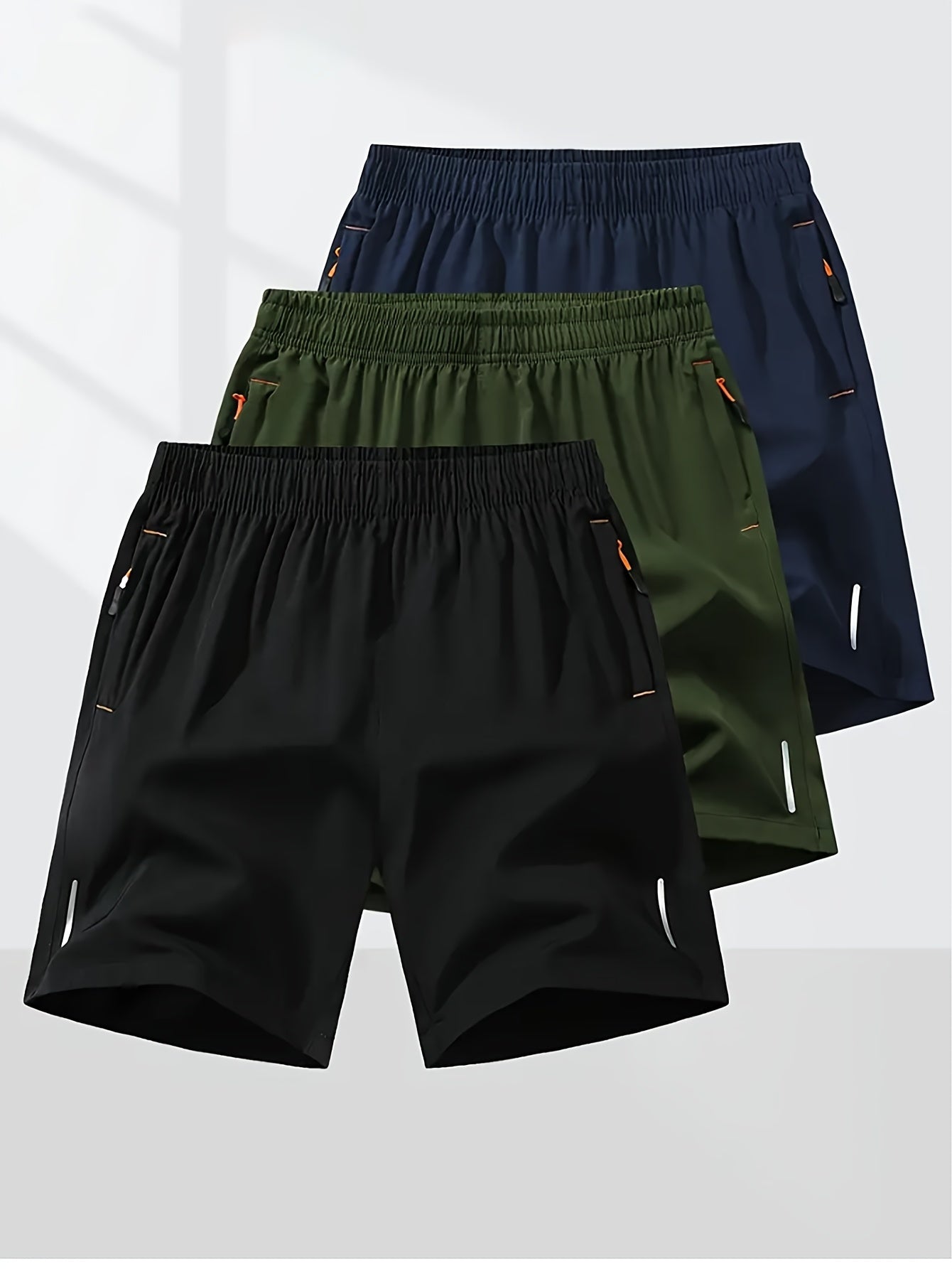 3-Pack Men'S Fashion Sports Casual Shorts, 97% Polyester 3% Elastane, Solid Color, Zipper Detail, Woven Fabric, Slight Stretch, Loose Fit, 117g/m² Weight
