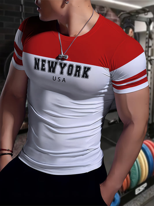 Men's New York USA Graphic T-Shirt - Stretchy, Breathable Polyester-Spandex Blend, Casual & Sporty Short Sleeve Tee for Fitness, Running, Yoga, Gym Workouts, Gym Shirts