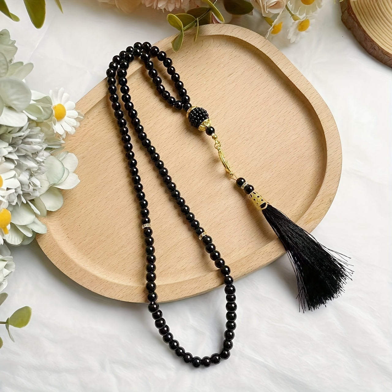 Simple Classic Black Glass Prayer Beads, 99 Count Handheld Tasbih - No Plating, Daily & Gift Occasion Versatile Strand