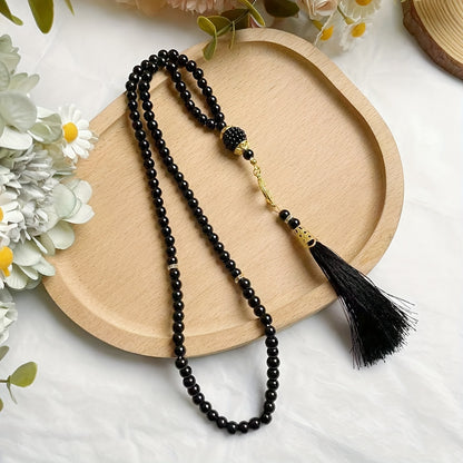 Simple Classic Black Glass Prayer Beads, 99 Count Handheld Tasbih - No Plating, Daily & Gift Occasion Versatile Strand