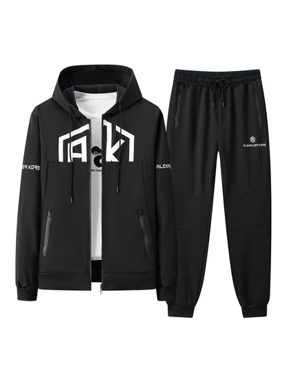 Men's AK Letter Print Long Sleeves Hoodies With Zipper Detail & Long Pants Two-piece Set, Slight Stretch Comfortable Clothing For Spring And Autumn