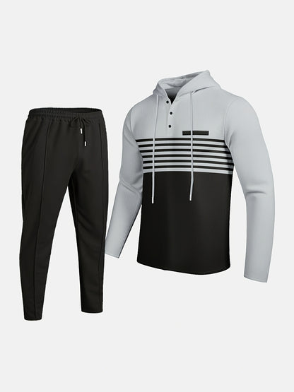 New Men's Casual Set Outdoor Versatile High Fashion Men's Hoodie Color blocked Striped Long Sleeve Top Long Pants Two Piece Set for Men