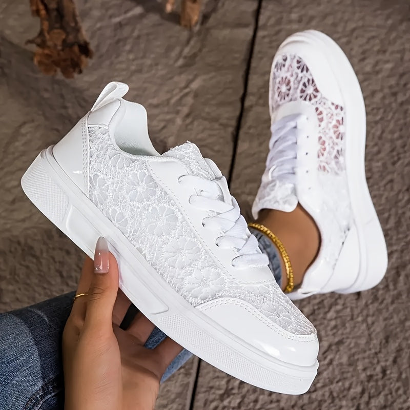 Women'S Elegant Lace Sneakers - Breathable Fabric Upper, White with Floral Pattern, Lightweight & Soft Sole, Durable EVA, Perfect for Daily Work, Sports, Summer Outings & Vacations, Casual Footwear | Elegant Sneaker | Comfort