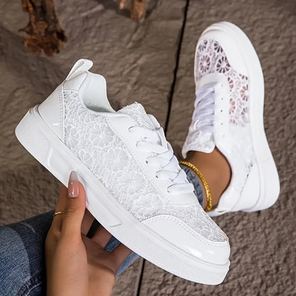 Women'S Elegant Lace Sneakers - Breathable Fabric Upper, White with Floral Pattern, Lightweight & Soft Sole, Durable EVA, Perfect for Daily Work, Sports, Summer Outings & Vacations, Casual Footwear | Elegant Sneaker | Comfort