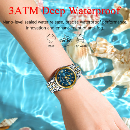 POEDAGAR Elegant Stainless Steel Quartz Watch for Women, Luminous Calendar, Round Alloy Case, Trendy Korean Style, Non-Rechargeable Battery, Watch Accessories