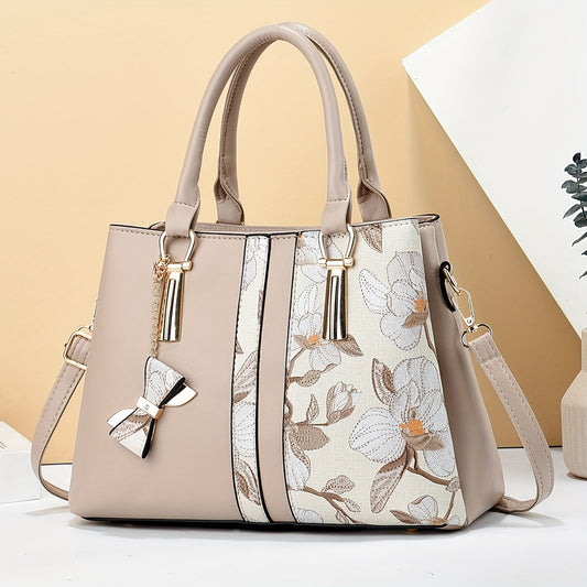 Chic Floral Print Handbag for Wo - Spacious 3-Layer Design with Pockets, Zip Closure, Durable PU Material - Available in Khaki, Cream, Green, Blue, Black