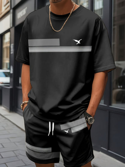 Men'S Casual Summer Two-Piece Athletic Wear Set - Light Blue T-Shirt with Green & White Stripes, Matching Shorts, Perfect for Daily Leisure, Vacation, and Sports, Casual Sportswear | Relaxed Fit Shorts | Stretchable Fabric