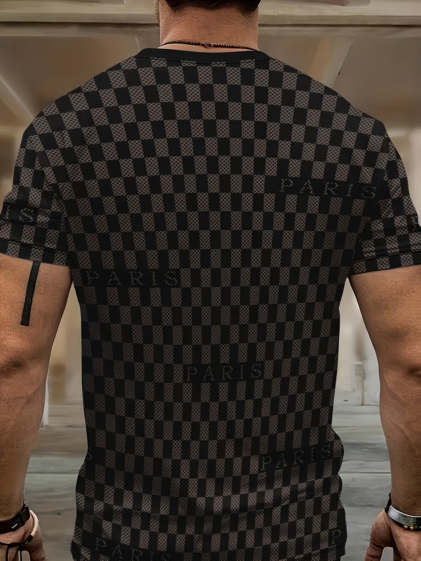 2pcs Men's Summer Casual Outfit: Ink Splash & Checkered Pattern Short Sleeve T-Shirt and Drawstring Shorts Set - Lightweight Polyester, Machine Washable, Ideal for Beach & Casual Attire