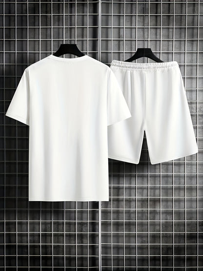 Men'S Casual 2pcs Set, Los Angeles Print, Short Sleeve Crew Neck T-Shirt & Knee-Length Shorts, Polyester & Spandex Blend, Comfortable Home Wear, All-Season Knit Fabric with Pockets, Regular Fit