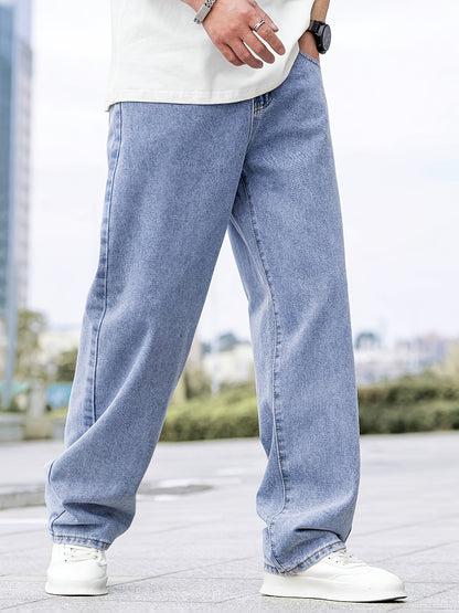 Men'S Classic Casual Denim Jeans, 80% Cotton 20% Polyester, All-Season Regular Fit, Non-Stretch Solid Color, 380g/m² Woven Fabric, Washed Detail, Adult Regular Length Pants