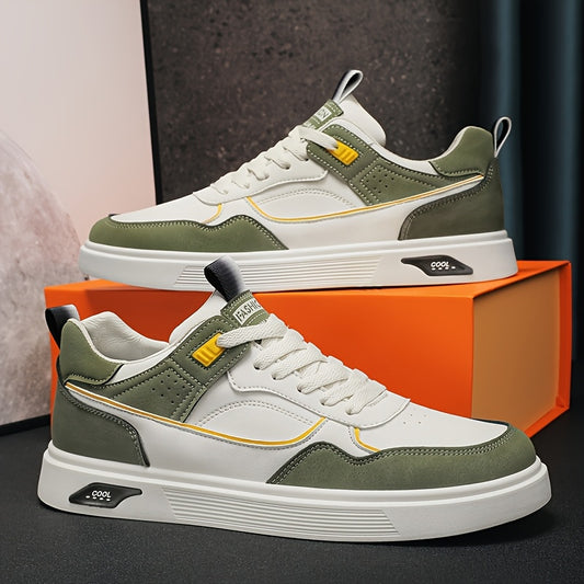 Men's Lightweight Casual Sneakers - Low-Top Lace-Up Shoes in White/Black colorway, PU Upper & Cushioned PVC Sole for Gym, Skateboarding, Everyday Streetwear - All-Season Minimalist Shoes for Men, Gym Footwear, Urban Fashion,