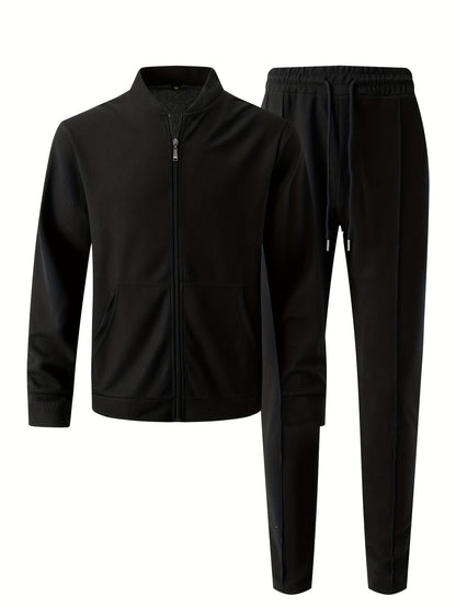Baseball Collar Jacket and Pants Set in Waffle Fabric