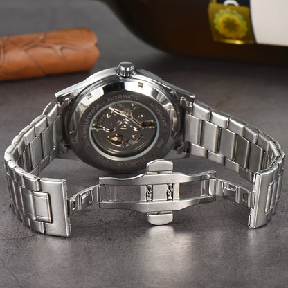 Men's Business Leisure Automatic Mechanical Watch, Stainless Steel with Blue Accents, Transparent Back, Date Display, Water-Resistant up to 10m, Ideal Gift, Business Watch | Mechanical Aesthetic | Stainless Steel Band