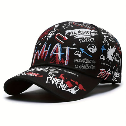 Stylish baseball cap with cool graffiti letter print, hard top, trendy hip-hop design, versatile sun protection hat for both European and American styles, available in 4 colors