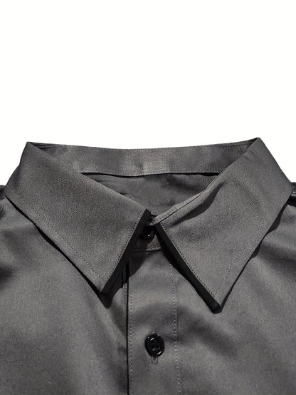 Elegant Men's Solid Color Long Sleeve Dress Shirt with Stylish Contrast Trim - 100% Polyester, Button-Up, Machine Washable - Ideal for Formal & Semi-Formal Occasions