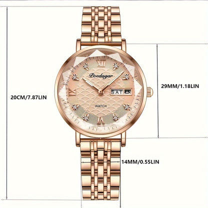 1pc POEDAGAR Elegant Women'S Quartz Watch - Luxurious Rose Golden-Tone with Luminous Hands, Calendar Display, Alloy Case & Band, Quartz Movement, Fashion Accessory|Elegant Timepiece|Rose Golden Finish, Watch Accessories