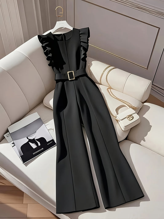 Women'S Sleeveless Ruffle Trim Jumpsuit with Belt - Elegant Waist-Cinching Wide-Leg Design, Black Solid Color for Autumn Commute & Casual Gatherings, Versatile Layering Piece, Autumn Attire, Sophisticated Style, Quality Craft