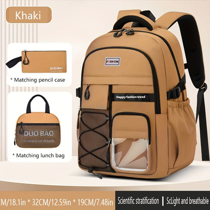 Large Capacity Backpack Set 3pcs, Polyester Lined, Spliced, Adjustable Shoulder Straps, Zipper Closure, Lightweight, Casual Style, for Going Out