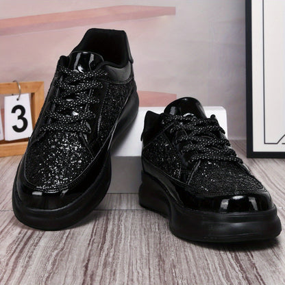Men's Low-Top Casual Sneakers - Black Sparkling Embellishments, Breathable PU Upper & EVA Cushioned Sole, Lace-Up Comfortable Walking Shoes for Men & Women, Comfortable Footwear | Sleek Shoe Design | Flexible Footwear
