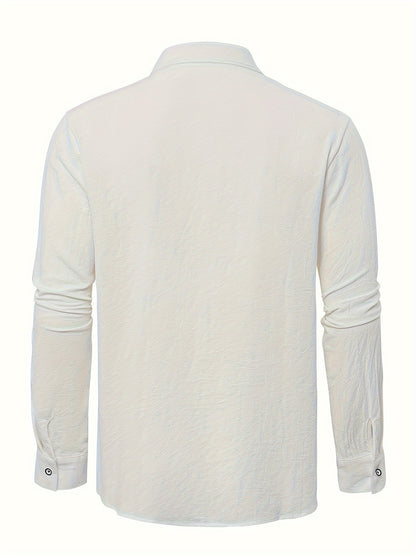 Classic Design Men's Solid Color Stand Collar Long Sleeve Button Up Top Shirt, Pure Cotton Spring And Autumn Fashion Cotton Tops For Daily And Casual Outerwear