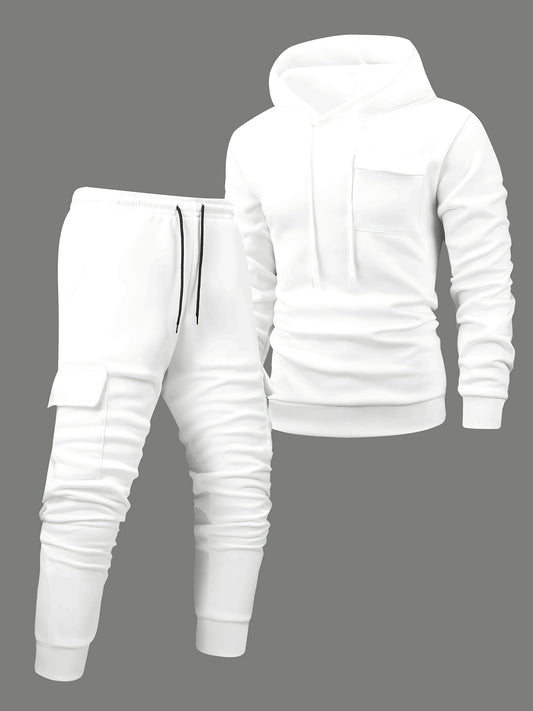 Men'S Casual Hooded Tracksuit Set - Polyester Knit, Solid Color with Pockets, All-Season Sportswear, Includes Jacket and Joggers, Casual Wear|Sporty Design|Polyester Fabric