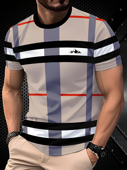 Men'S Casual Striped T-Shirt with Mountain Logo - Short Sleeve, Crew Neck, Lightweight Polyester, Summer Fashion, Casual Wear|Striped Pattern|Lightweight Fabric