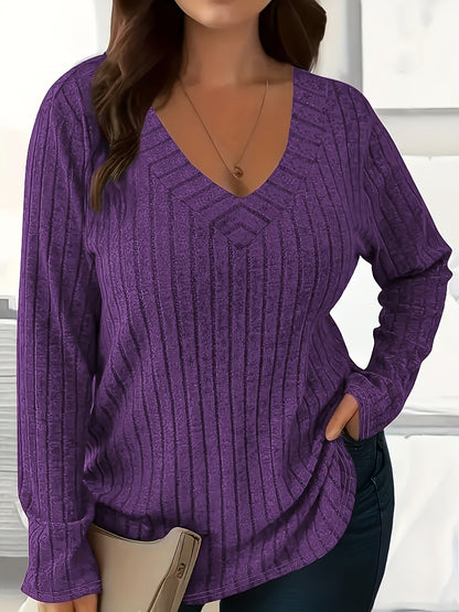 1 հատ Women'S Plus Size Casual V-Neck սվիտեր - 95% պոլիեսթեր 5% սպանդեքս տրիկոտաժե գործվածք, միաձույլ գույն, երկարաթև, գարուն/աշուն/ձմեռ բաց վերնաշապիկ