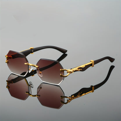 1pc Retro Frameless Glasses for Men & Women, Irregular Shaped PC Lens, Metal Hinge, Climbing Sports, Imitation Wood Grain, Fashionable Decorative Eyewear, Suitable for Daily Wear & Holiday