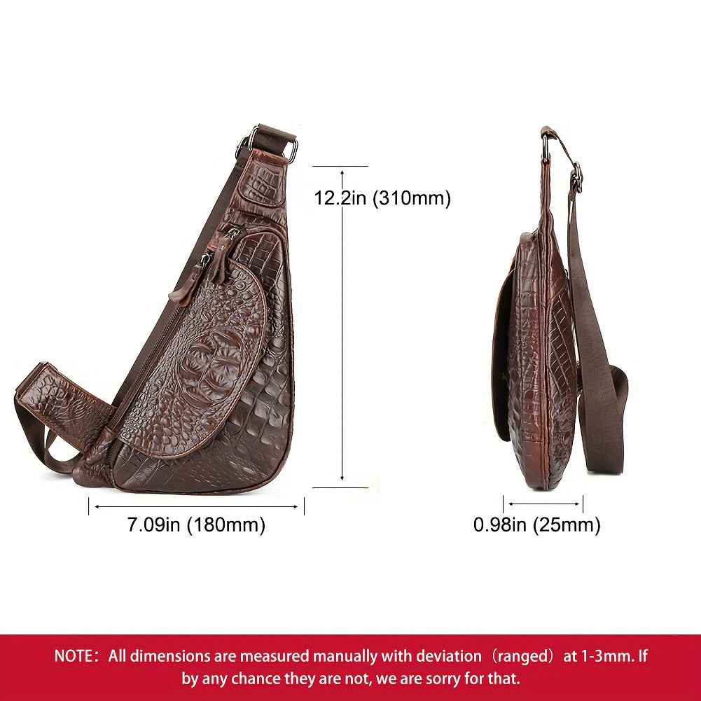 HUMERPAUL Men'S Casual Brown Leather Crossbody Bag with Alligator Print - Adjustable Strap, Multi-Compartment, Everyday Commute Shoulder Bag, Everyday Bag | Casual Style Bag | Adjustable Strap Bag