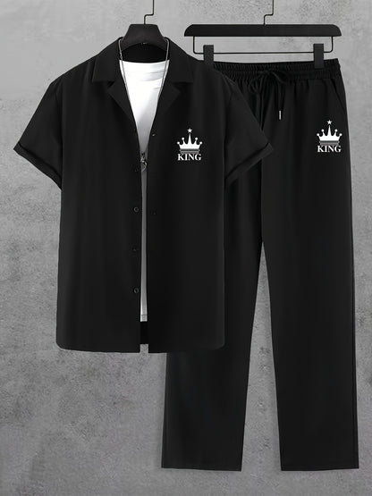 Men'S Casual Summer Crown Print Short Sleeve Button-Up Shirt & Pants Set - Black, Relaxed Fit, Non-Stretch Fabric, Lapel Collar, Stylish for Casual Attire, Casual Attire|Crown Print Design|Relaxed Fit Pants, Crown Shirt