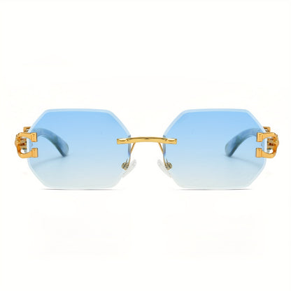 1pc Retro Frameless Glasses for Men & Women, Irregular Shaped PC Lens, Metal Hinge, Climbing Sports, Imitation Wood Grain, Fashionable Decorative Eyewear, Suitable for Daily Wear & Holiday