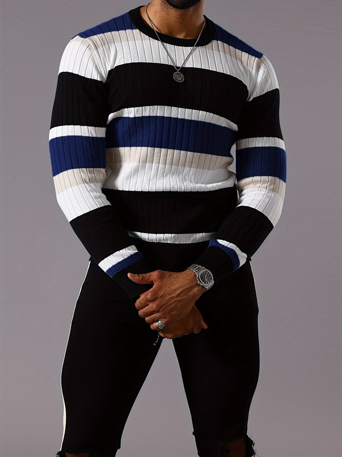 Men's Striped Color-Block Ribbed Knit Sweater - Long Sleeve Round Neck Pullover with Elastic Comfort Fit, Machine Washable Casual Fall Winter Top in Black/White/Green/Beige, Knit Sweater, Medium Elasticity