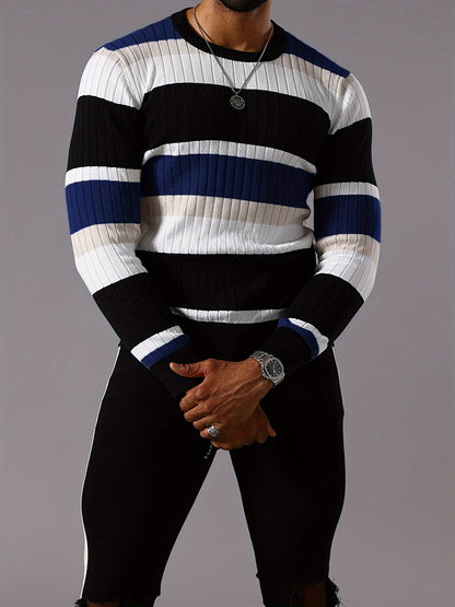 Men's Striped Color-Block Ribbed Knit Sweater - Long Sleeve Round Neck Pullover with Elastic Comfort Fit, Machine Washable Casual Fall Winter Top in Black/White/Green/Beige, Knit Sweater, Medium Elasticity