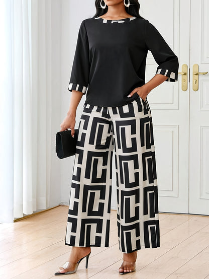 Women's Elegant Spliced Round Neck Top + Geometric Print Wide-Leg Pants Two-Piece Set