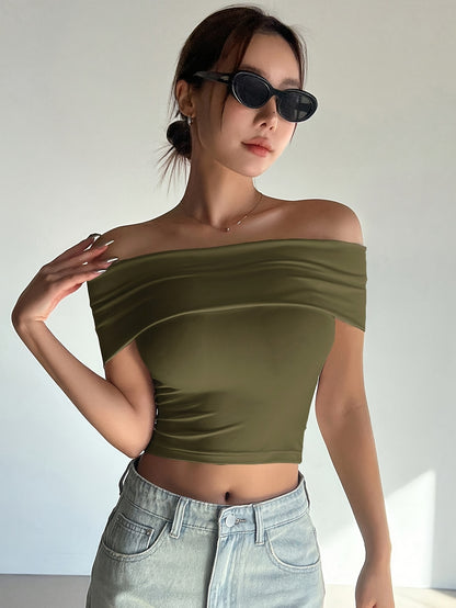 Chic Comfort| Elegant Women's Light Pink Off-Shoulder Ruched Crop Top - Slim Fit, Solid Color, Polyester & Elastane Blend, Machine Washable for Summer, Casual Wear|Chic Offshoulder Top|Delicate Texture