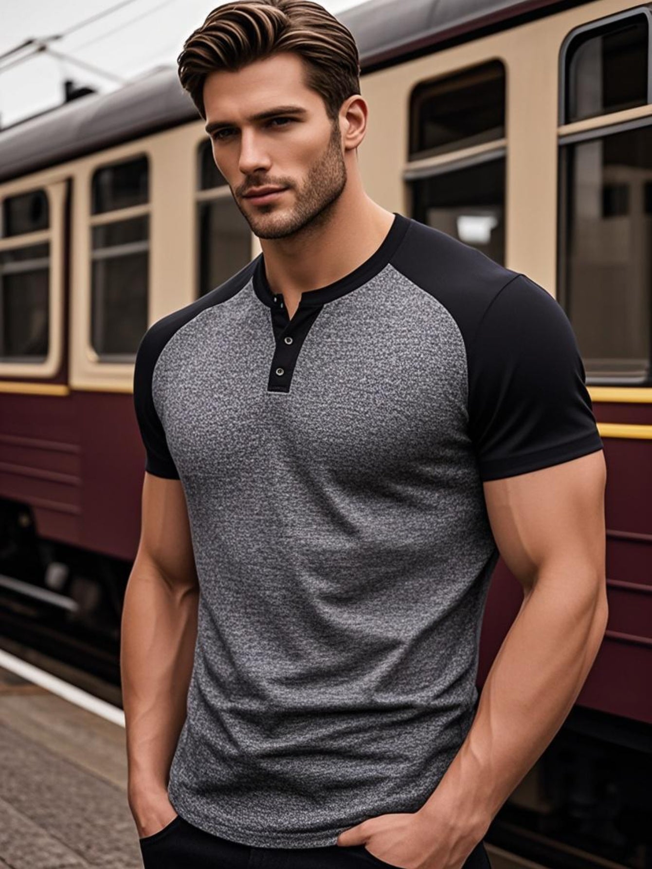 Men's Summer Classic Raglan Henry Collar Casual T-Shirt - Breathable Solid Color Short Sleeve Tee, Regular Fit for Casual Attire, Casual T Shirts, Twotone Design, Comfortable Fit Shirt