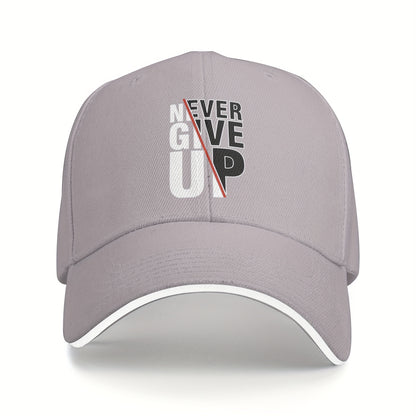 1 Pack Never Give Up Print Baseball Cap - Adjustable Snapback Dad Hat with Breathable Mesh Back, Funky Unisex Trucker Hat for Outdoor Fishing Driving, Black with White & Red Lettering, One Size Fits Most (53.34-63.5 cm)