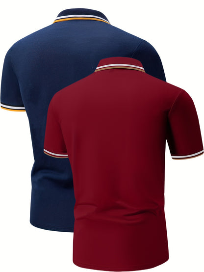 2pcs Men's Short-Sleeve Shirts with Contrast Collars - Lightweight Polyester, Pastel Blue & Pink, Turn- Collar, Button Closure, Regular Fit, Casual & Business-Casual Wear, Ideal for Summer or Gifting, Short Sleeve Tops
