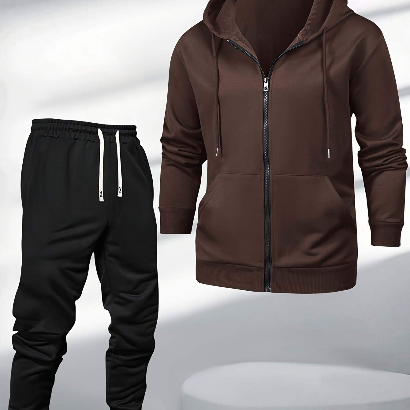 Men's Two-Piece Sportswear Suit: Zipper Hoodie + Sweatpants Set, Spring/Autumn Solid Color Regular Long Sleeve Zipper Hoodie with Drawstring, Threaded Trousers, Casual Sportswear Two-Piece Set