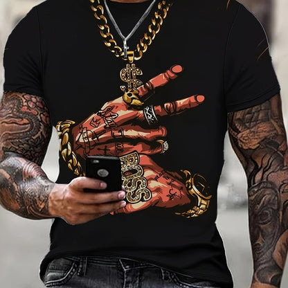 Men's Hands Print T-shirt, Casual Short Sleeve Crew Neck Tee, Men's Clothing For Outdoor