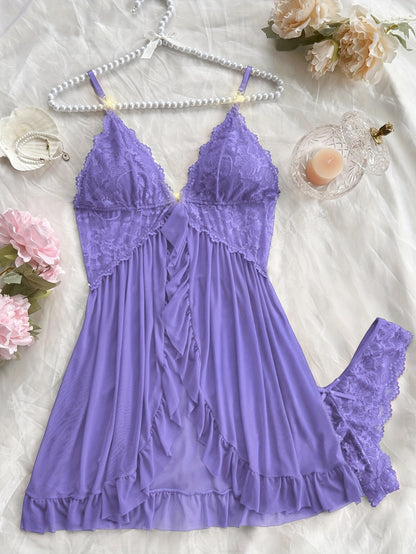Sexy and Romantic Sleepwear Set, Solid Color Lace Camisole with Matching Panties, V-Neck Design Accentuating Elegant Neckline, Delicate Lace Pattern for Softness. Flared Hem and Ruffled Front Add Graceful Charm, Perfect for a