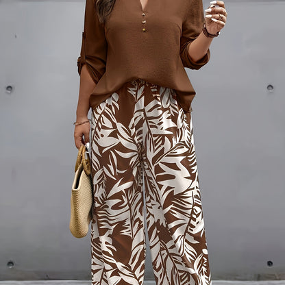 Summer Women's Fashionable New Short-Sleeve Pullover V-Neck Solid Color Top with Plant Print Wide-Leg Pants Two-Piece Set
