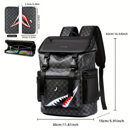 Men'S Stylish Black Backpack with Shark Graphic - Lightweight, Large Capacity, Multi-Functional Shoulder Bag for Travel, Commuting, School - Durable PVC Material, Sports & Fitness Design, Backpack for Travel