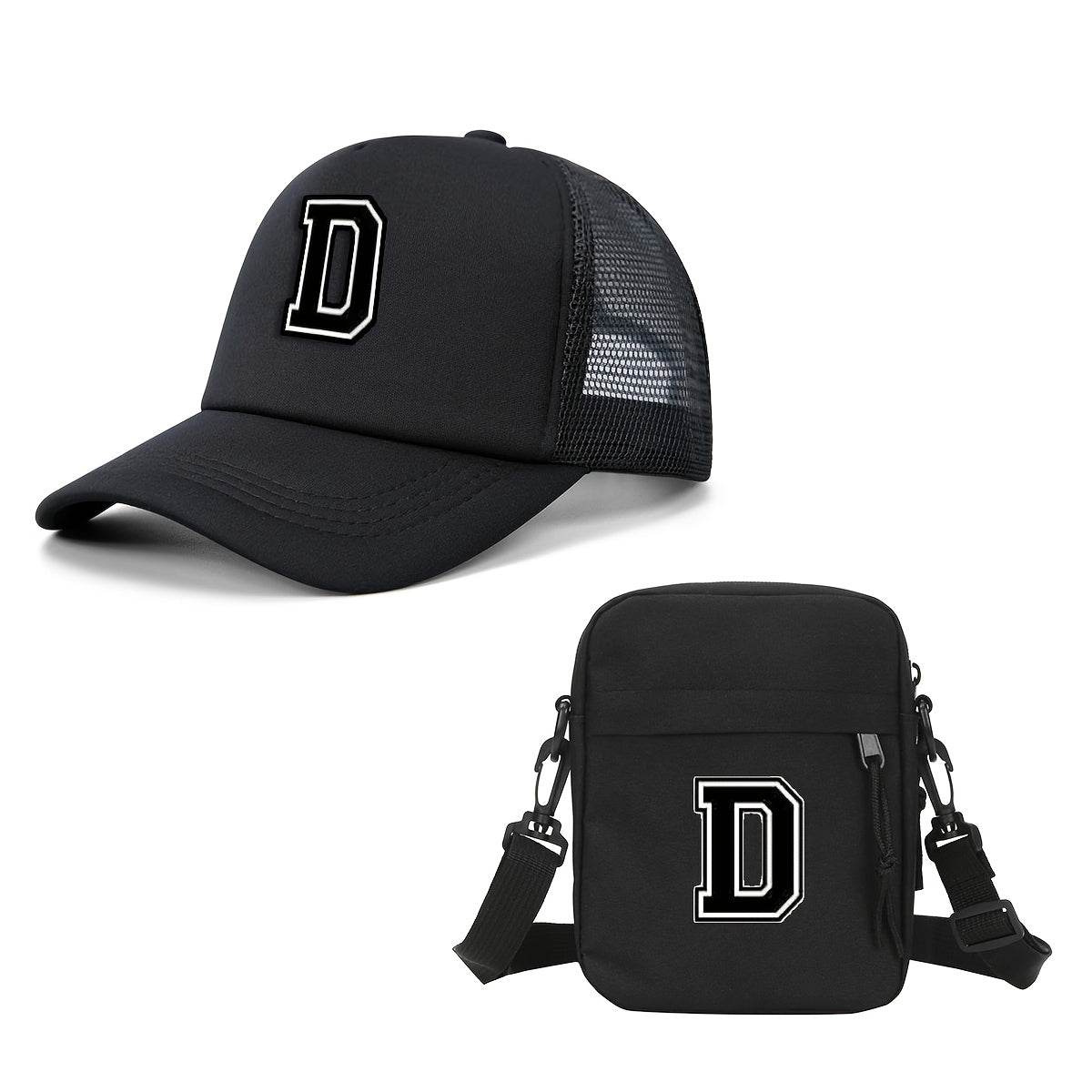 2pcs Men'S And Women'S 26-Letter Printed Trucker Hat & Bag Set, Mesh Breathable Versatile Casual Sun Hat, Suitable for Holiday Vacation, Mountain Climbing, Camping, Outdoor Street And Other Scenes, Suitable As a Birthday, Hol