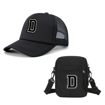 2pcs Men'S And Women'S 26-Letter Printed Trucker Hat & Bag Set, Mesh Breathable Versatile Casual Sun Hat, Suitable for Holiday Vacation, Mountain Climbing, Camping, Outdoor Street And Other Scenes, Suitable As a Birthday, Hol