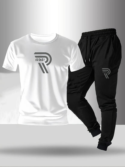 2pcs Set, Men'S Casual Loungewear, Gift, Fashion Print, Round Neck T-Shirt with Drawstring Pants, Outfit