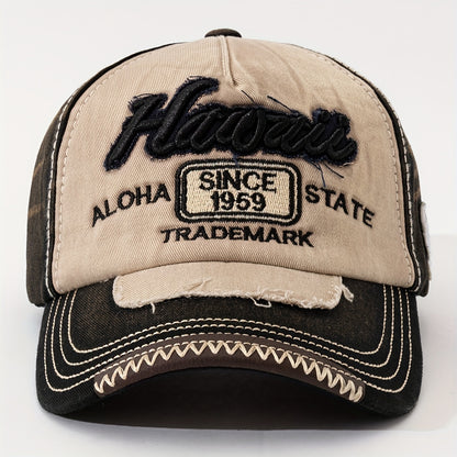 HAWAII Vintage Distressed Baseball Cap - Adjustable Lightweight Unisex Hat with 3D Embroidered Aloha Text, Dual-Tone Beige & Brown, Breathable Design for Men & Women, Daily Use & Vacation, Hawaiian Accessories, Casual Headwea