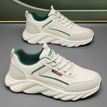 Men's Retro Sneakers - White & Green Accent Lace-Up Shoes, Cushioned PVC Sole for All-Day Comfort, Low-Top Sneakers for Gym, Office, Casual Attire - Model HX-7, Gym Footwear, Sleek Casual Style, Fabric Upper, Durable Traction