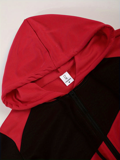 Men's Autumn Color-Blocked Zip-Up Hoodie with Side Pockets And Solid Color Drawstring Long Pants Set.