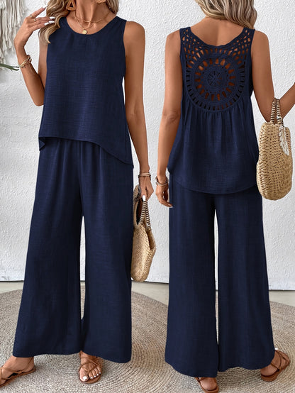 Women'S Summer Backless Cut-Out Panel Tank Top + Wide Leg Pants Set - Casual, Simple, Sleeveless, Polyester, Light Beige, Perfect for Spring/Summer, Casual Attire|Backless Top|Polyester Fabri